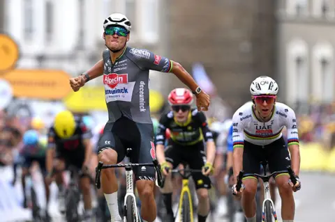 Mathieu van der Poel celebrates winning stage two