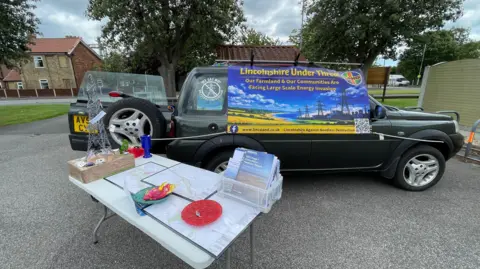 A trestle table covered in paperwork and with a model of a pylon on it stands in front of a green car draped in a protest banner