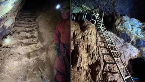 Lucy Dusgate Two photos side by side. The one on the left shows uneven steps carved into the rock. They appear to be worn smooth though many centuries of use. A PUG volunteer's lamp illuminates them from the side. He is wearing red overalls, safety gear and a helmet with a torch. The other photo shows a wooden ladder with widely spaced rungs is positioned against a large rock. It leads upwards to a blue crystal seam 