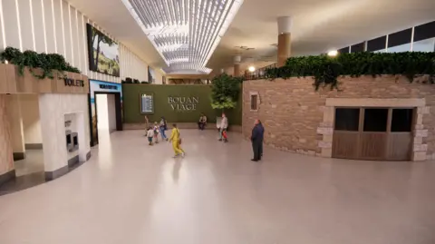 Ports of Jersey Concept image of Jersey Airport, a large open plan area with a toilet entrance, brick wall and a sign saying 'Bouan Viage'.