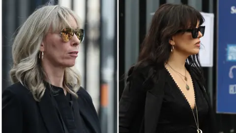 PA Media Composite showing Cait O'Riordan and Imelda May arriving to church. Both pictured in black clothing and wearing sunglasses.