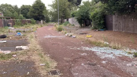 An alley at the back of houses strewn with bits of paper and cardboard and broken glass. 