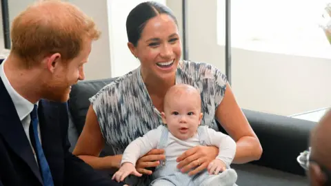 Getty Images Prince Harry, Duke of Sussex, Meghan, Duchess of Sussex and their baby son Archie Mountbatten-Windsor meet Archbishop Desmond Tutu and his daughter Thandeka Tutu-Gxashe at the Desmond & Leah Tutu Legacy Foundation during their royal tour of South Africa on September 25, 2019