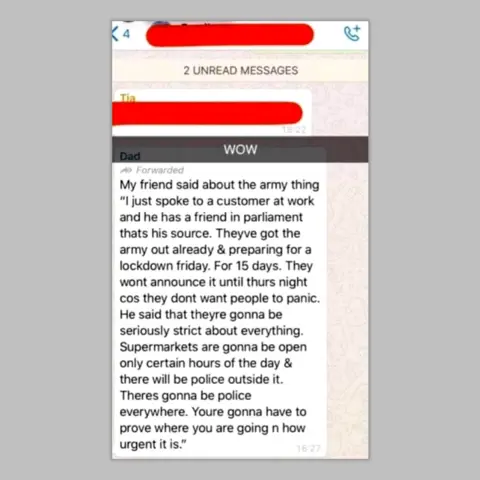 Facebook WhatsApp message about army on the streets