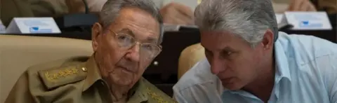 AFP In this file handout picture released by Cuban official website www.cubadebate.cu on July 8, 2016, Cuban President Raul Castro (L) talks with First Vice-Presidente Miguel Diaz-Canel during the First Annual Session of the Cuban Parliament at the Convention Palace in Havana