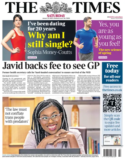 The Times has a picture of Kemi Badenoch, the minister for women and equalities, as she talks about gender self-identification in an interview with the paper.