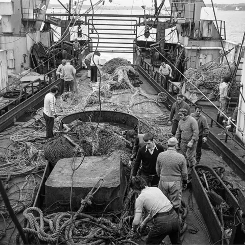 Alec Gill Preparing the nets on the Cordella 1980
