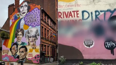 Habiloid/Geograph/Nomad Clan Molly House artwork (left) and homophobic graffiti (right)