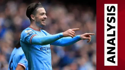 Jack Grealish celebrates during Man City's win against Liverpool