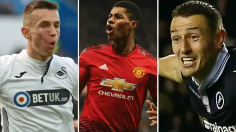 Swansea City's Bersant Celina, Manchester United's Marcus Rashford and Millwall's Murray Wallace