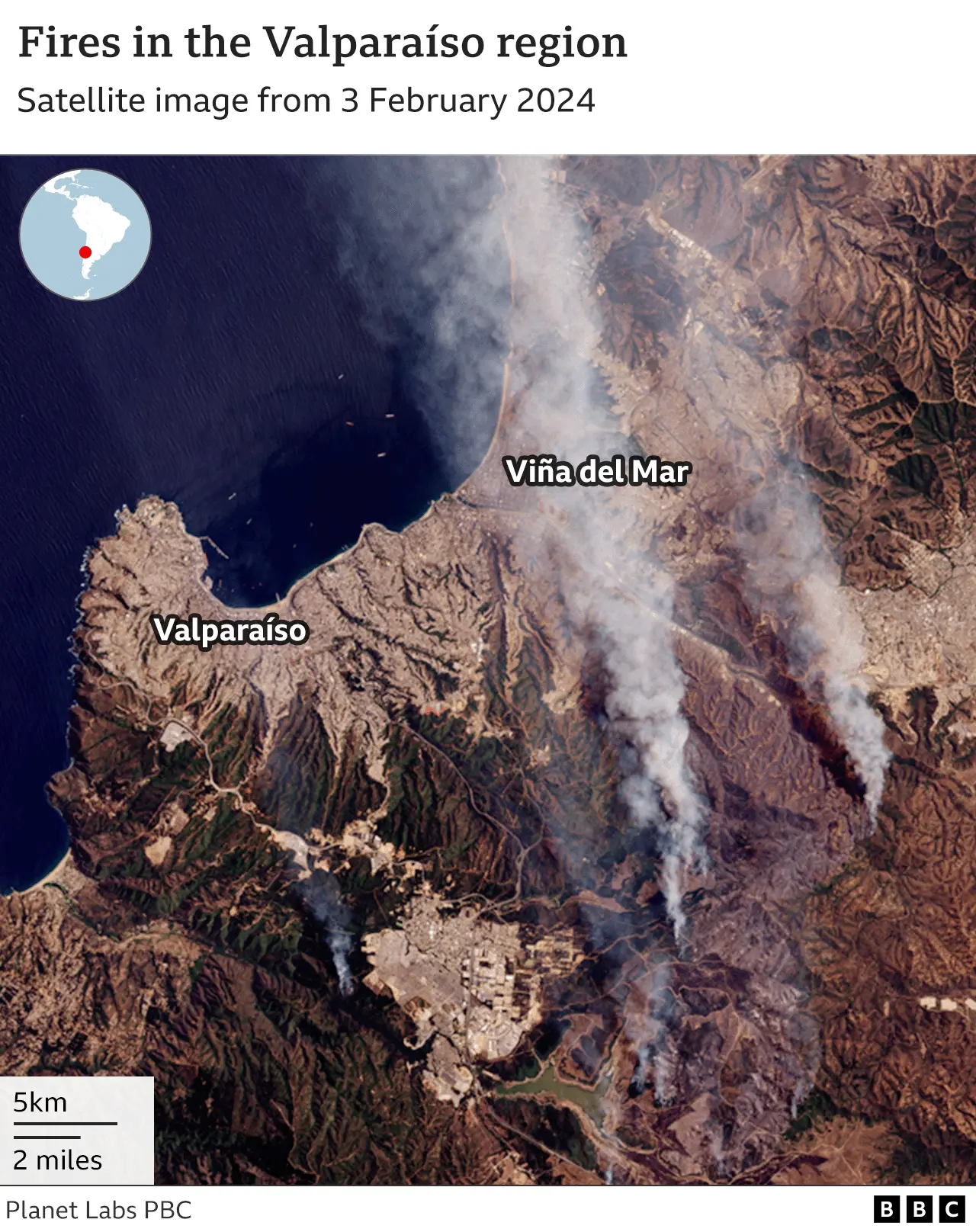 Imagen satelital muestra incendios en la región de Valparaíso