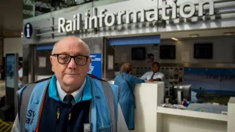 Phil Coomes Jeffery Fry in his blue hi-vis jacket at Waterloo station