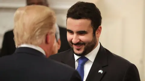 Getty Images President Donald Trump (L) greets The Saudi Ambassador to the United States Prince Khalid bin Salman bin Abdulaziz during an Iftar dinner in the State Dining Room at the White House 6 June 2018 in Washington DC