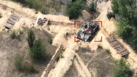 Russian tank inside a red target square