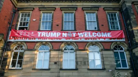 Getty Images Anti-Trump banner at the Durham Miners' Association headquarters