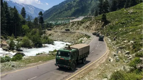 Getty Images An Indian army convoy makes way towards Leh, bordering China.