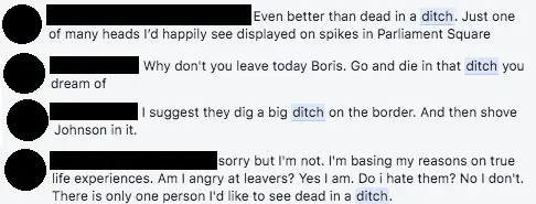 Facebook Comments saying Boris Johnson should be 'dead in a ditch'
