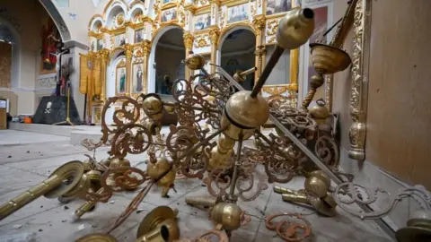 AFP The heavily damaged interior of the church of Saint Alexander Nevsky in the village of Tsupivka, Kharkiv