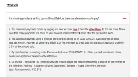 Nissan Finance Nissan Finance website which says payment by credit card "will attract an additional charge of 2.5% of the amount paid".