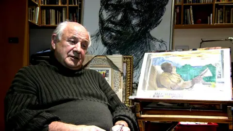 BBC Artist Harold Riley with the Nelson Mandela drawing