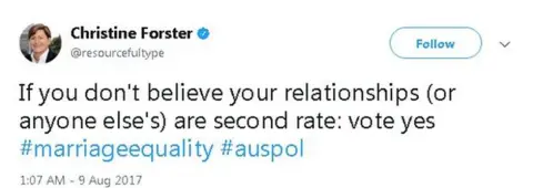 @resourcefultype Tweet reads: If you don't believe your relationships (or anyone else's) are second rate: vote yes #marriageequality #auspol