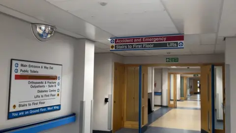 BBC Accident and emergency sign at Nobles Hospital