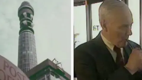 The BT Tower in the 1960's and Tony Benn looking out of the restaurant window.