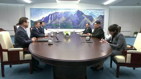 AFP A still from the televised portion of the summit between Moon Jae-in and two aides on one side of the table, and Kim Jong-un, Kim Yo-jong and Kim Yong-chol on the other side.