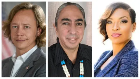 Peter Ruprecht / Mark Charles / Michael Gillman A composite image showing Brock Pierce, Mark Charles and Jade Simmons