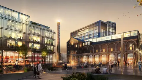 Rightacres | Benoy | Meshroom CGI Brains Brewery development site at Capital Quay at night