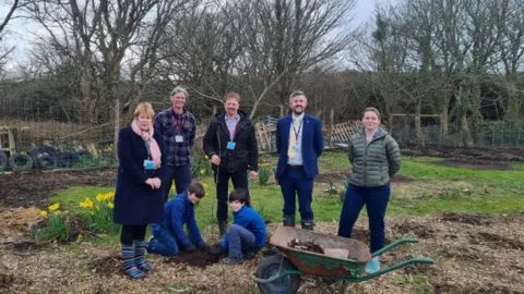 Cornwall Council Cllr Linda Taylor with pupils and staff at St Ives School