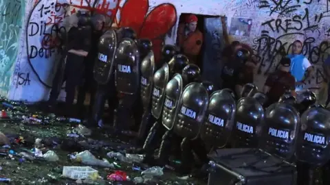 Riot police standing guard in Buenos Aires