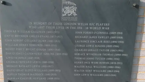 London Welsh Rugby Club Plaque to lost London Welsh rugby players in WW1