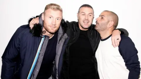 BBC Paddy McGuinnes, Freddie Flintoff and Chris Harris pictured against a white backdrop