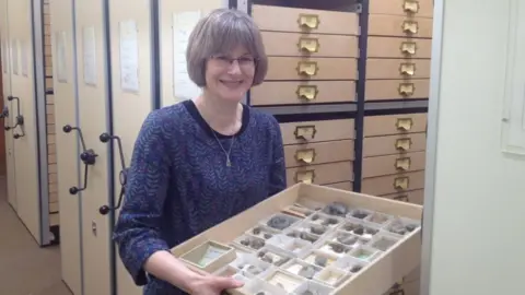 BBC Caroline Buttler, head of paleontology, in the museum's stores