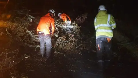 Ian Longstaff Three tree surgeons pull a tree off a road