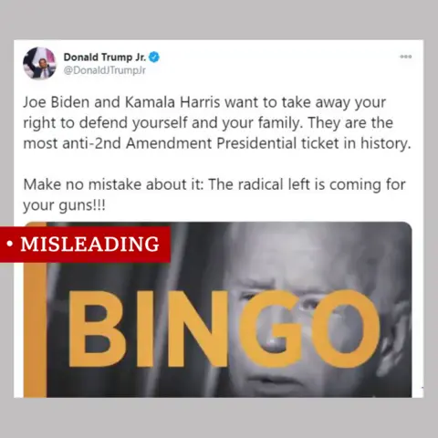 A tweet from Donald Trump Jr labelled Misleading. It claims "The radical left is coming for your guns" and contains a picture of Joe Biden with BINGO written across the image.