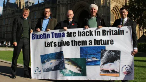 The Angling Trust Campaigners for a catch-and-release tuna fishery outside of the Houses of Parliament on Wednesday 31 October 2018