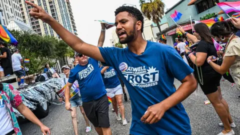 Getty Images Maxwell Frost participates in the Pride Parade in Orlando, Florida, on 15 October 2022