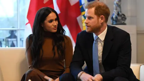 Getty Images Meghan and Harry gesture during their visit to Canada House in thanks for the warm Canadian hospitality and support they received during their recent stay in Canada,