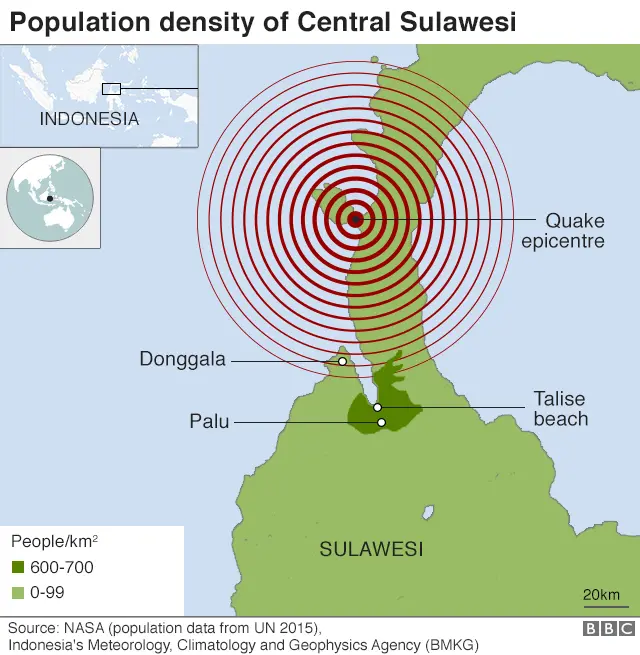 Map showing population density in Sulawesi and location of earthquake