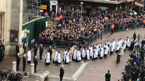 Haskan Kaya Choir entering church for Prof Stephen Hawking's funeral