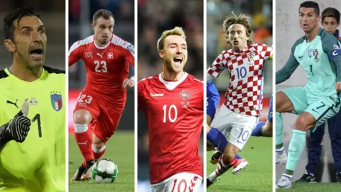 AFP/EPA Gianluigi Buffon, Xherdan Shaqiri, Christian Eriksen, Luka Modric and Cristiano Ronaldo