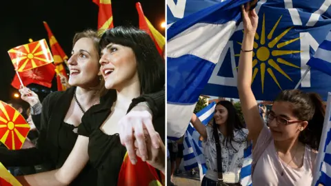 Getty/Reuters A composite image of protesters in Skopje (L) and in Greece against a deal on the future name of Macedonia