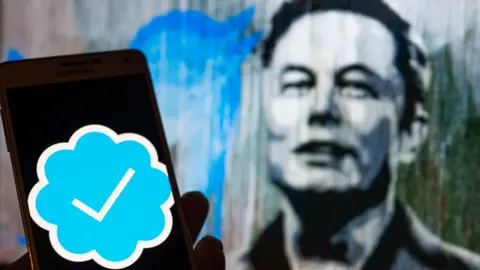 Getty Images Elon Musk and Twitter blue tick