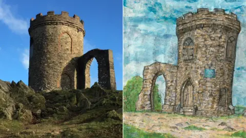 BBC/Sarah King Old John at Bradgate Park in Leicestershire and an artwork of the landmark