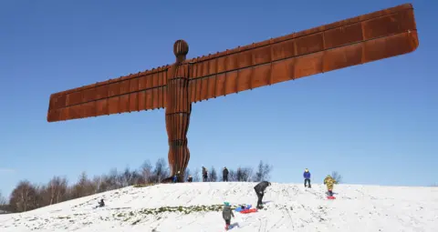 PA Media Antony Gormley's Angel of the North sculpture in the snow, at Gateshead, Tyne and Wear. Picture date: Friday March 10, 2023.