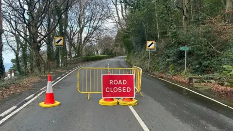 BBC Road closed sign at the Ramsey hairpin