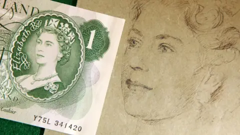 Getty Images The first banknote to carry a portrait of the Queen is positioned next to a preliminary pencil sketch on tracing paper