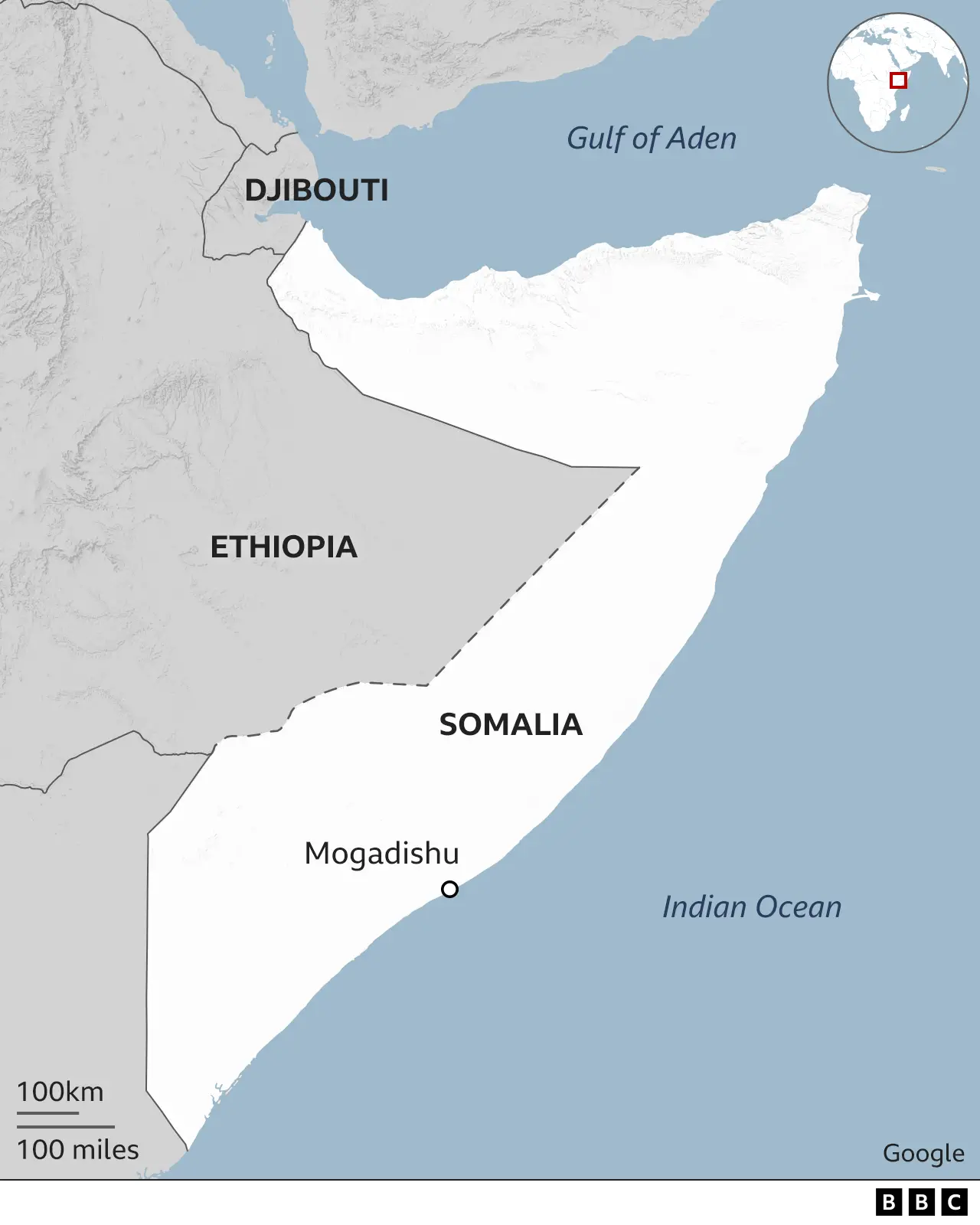 Map showing location of Somalia in relation to Ethiopia, Djibouti and the Indian Ocean